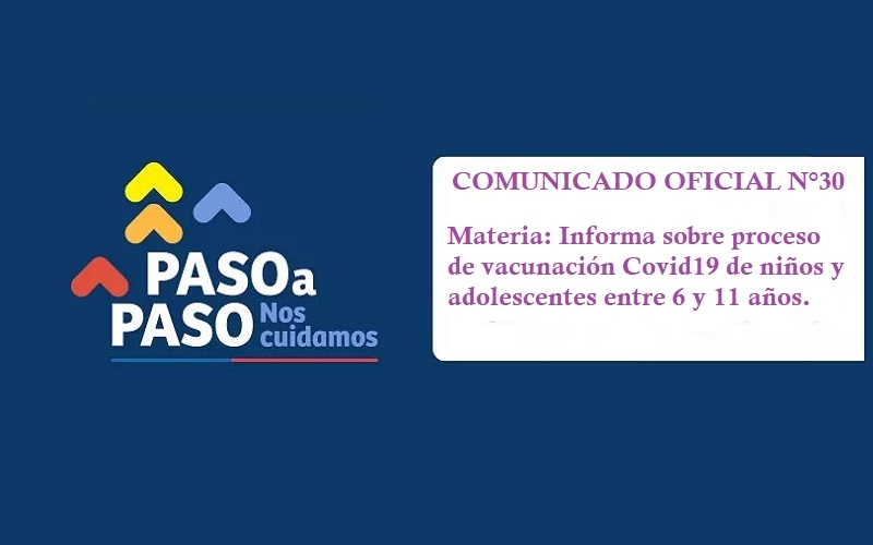 Comunicado Oficial N°30 Materia: Informa sobre proceso de vacunación Covid19 de niños y adolescentes entre 6 y 11 años.