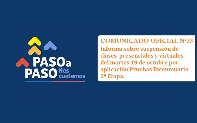 Comunicado Oficial N°33 Tema: suspensión de clases presenciales y virtuales, martes 19 de octubre por aplicación Pruebas Bicentenario 2ª Etapa.
